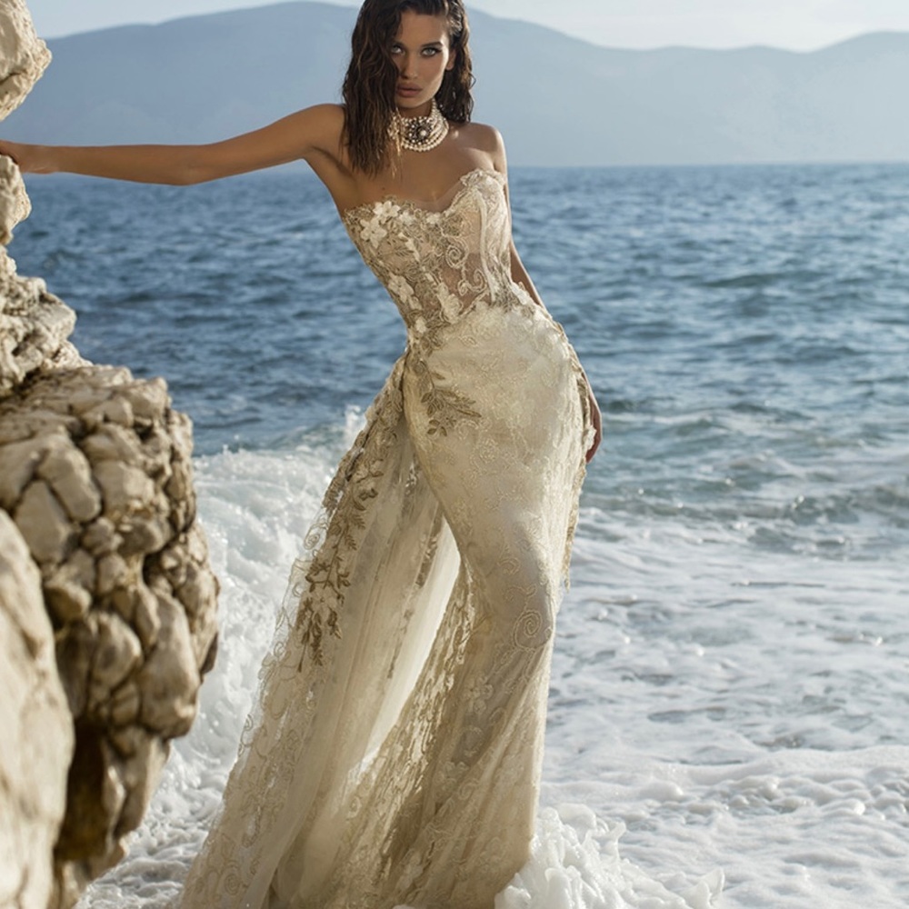 Ivory and Gold Lace Gown Prom dress (Tarik Ediz 93659)